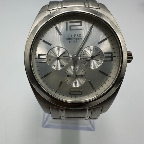 Guess Steel Watch Men Silver Tone Day Date Dial Water Resistant 50M New Battery - Picture 1 of 13
